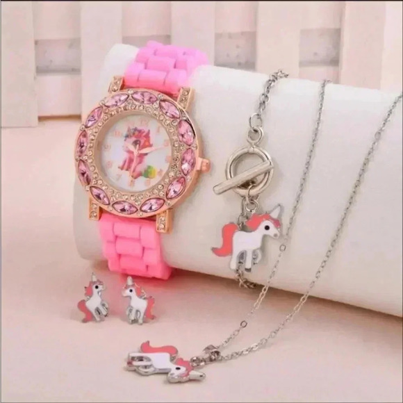 Girls Unicorn Watch + Necklace + Earrings Set..PINK..NWT - Picture 4 of 6